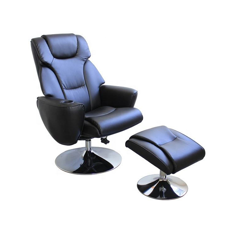 Black PU Metal Base Manual Swivel Recliner Chair with Footstool with Cup Holder